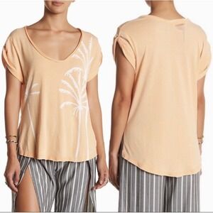 Free People Palm Tree Tee Distressed Scoop Neck Orange XS Boho Beachy Surfcore
